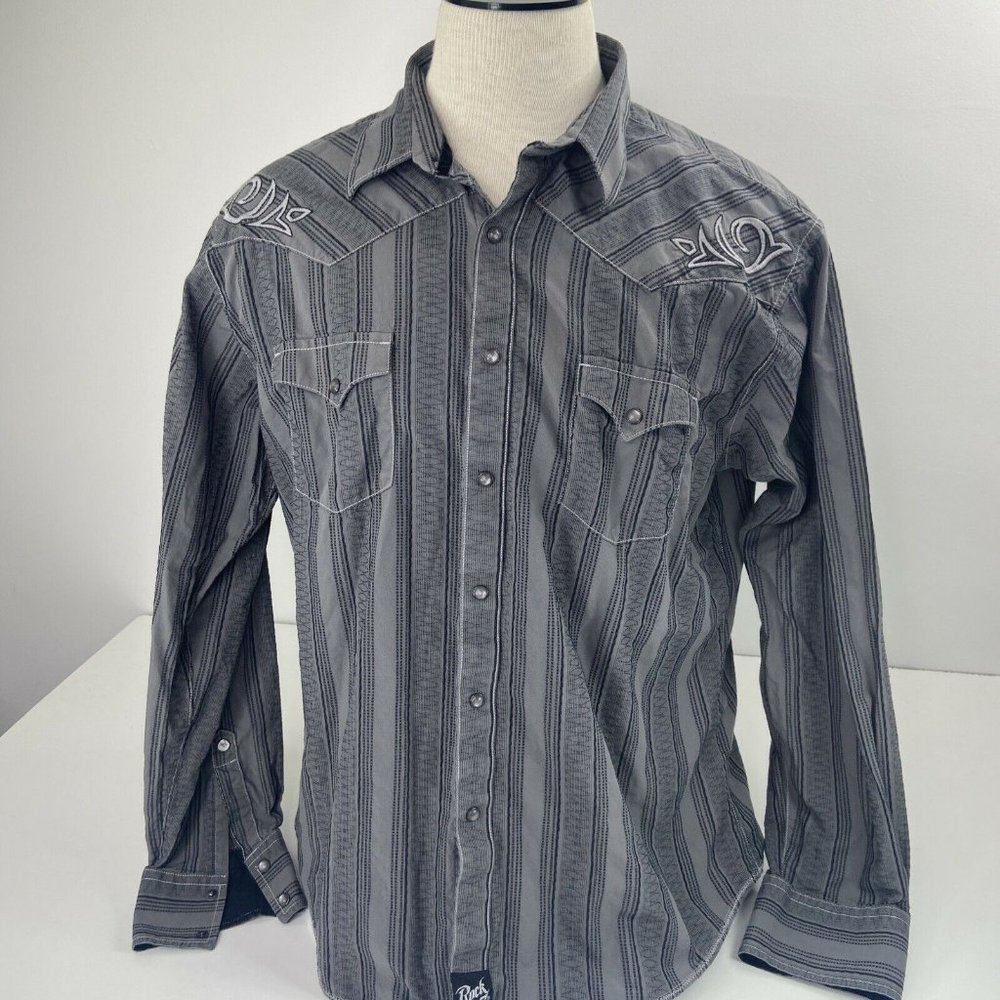 Rock 47 Men’s Pearl Snap Gray Shirt Striped Size 2XL Long Sleeve Western